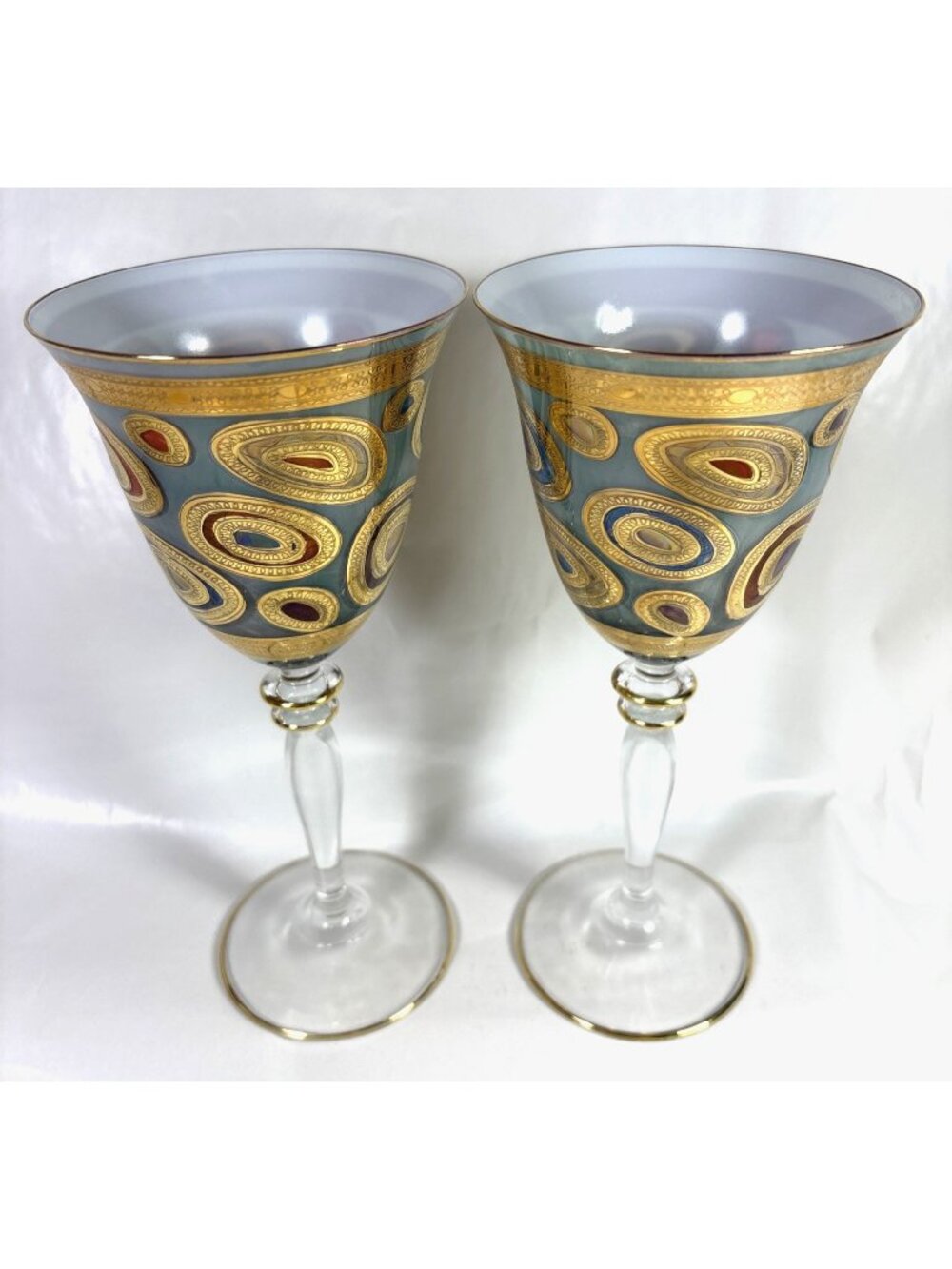 Vietri Regalia RGI-7620AN Wine Glasses Teal Gold Set of 2 Royalty Poland